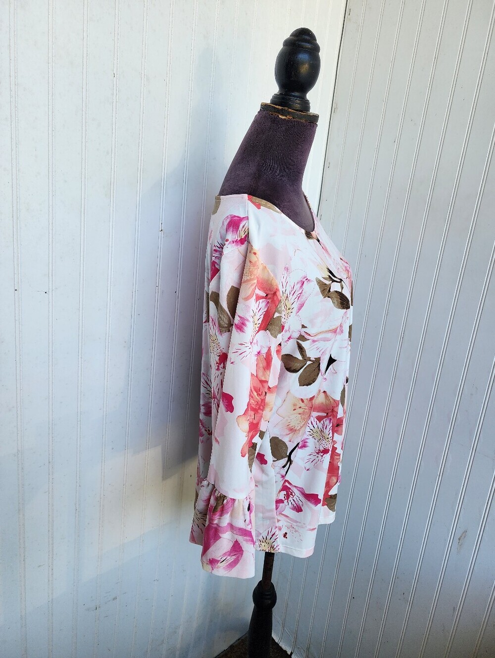 Calvin Klein White Pink Floral Rose Bell Flare Sleeve Women's Blouse Stretch XL - Picture 5 of 12